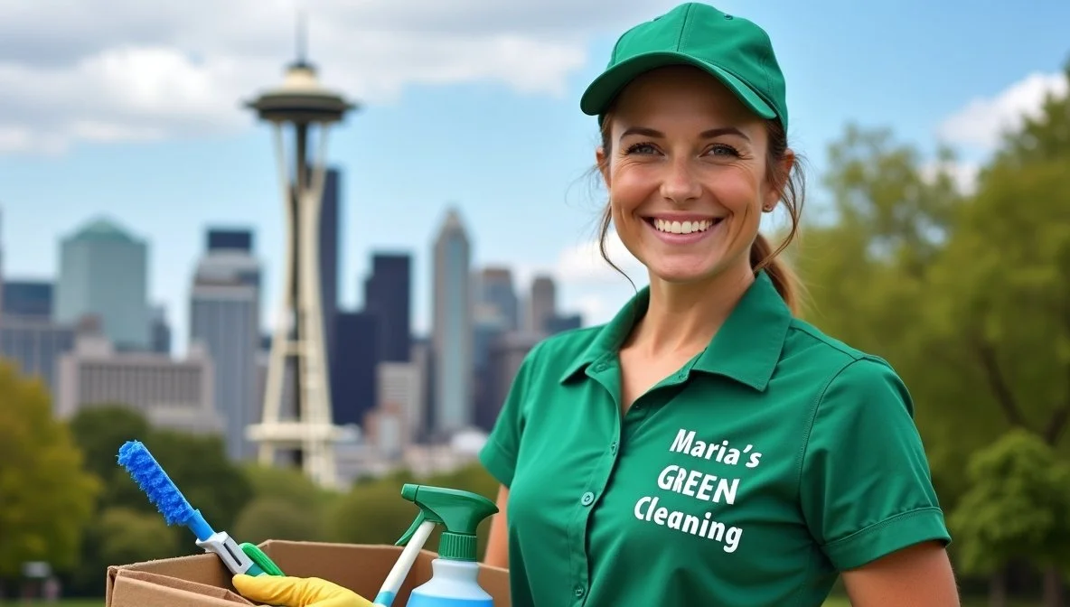 Lady holding a cleaning kit, with brushes and cleaning supplies, while smiling in front of the Seattle skyline.
