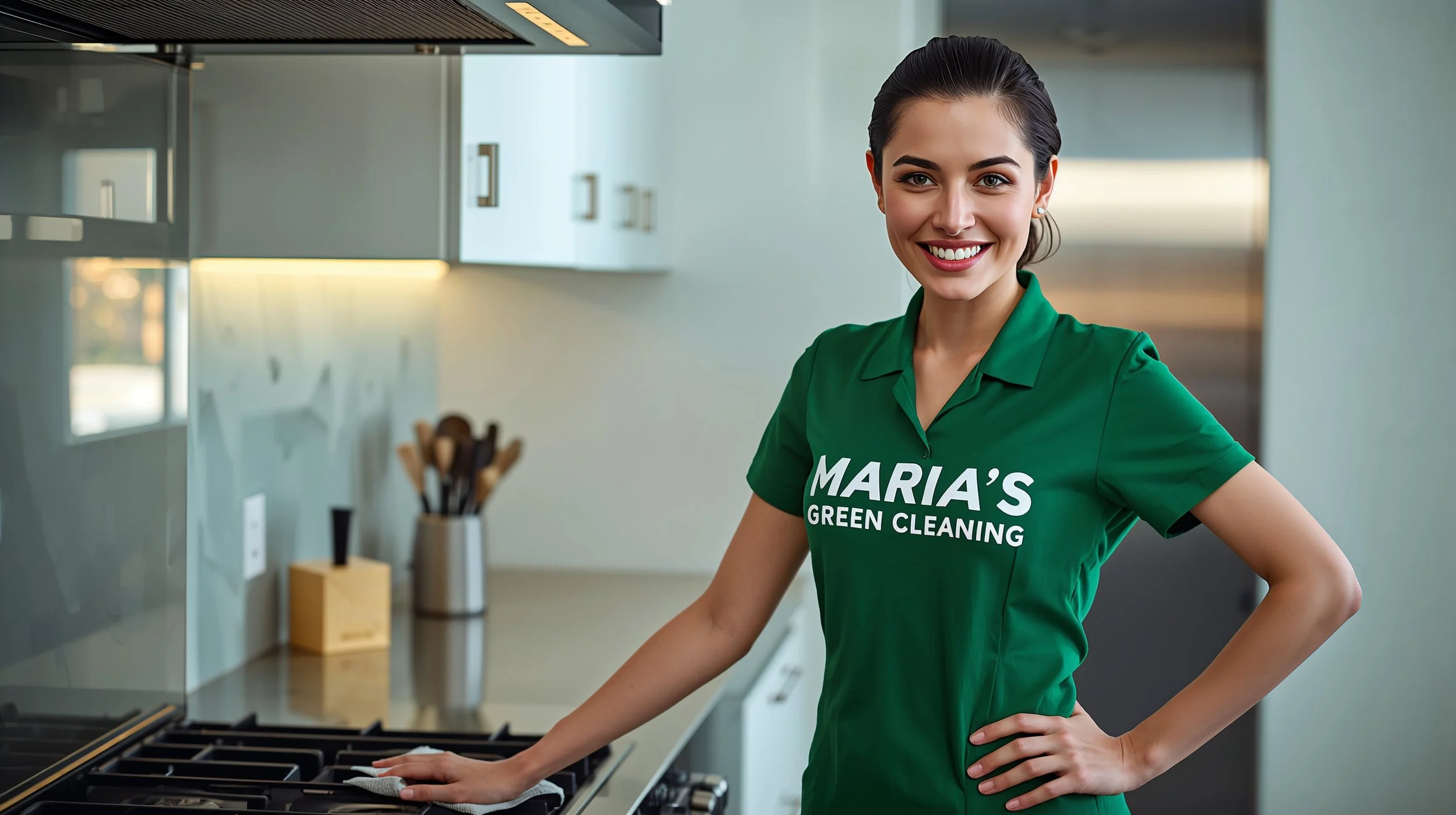 Professional cleaner standing beside a polished stovetop in a Briarcliff Seattle kitchen.