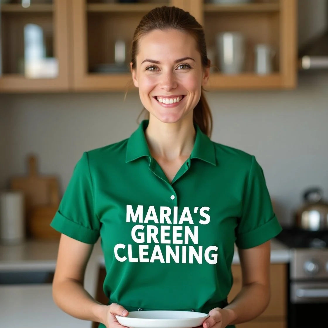 A young woman wearing a green cleaning shirt smiles while holding a dish in a cozy kitchen.