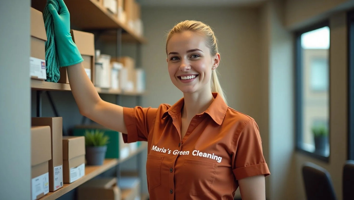 The office's shelves are being cleaned by the trustworthy cleaner.