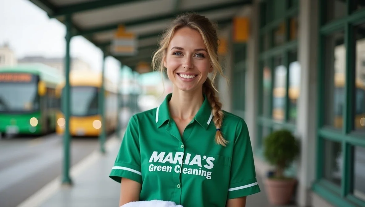 A lady in a green shirt standing outdoors at a bus station, holding cleaning supplies, with a cheerful expression and a bus in the background.