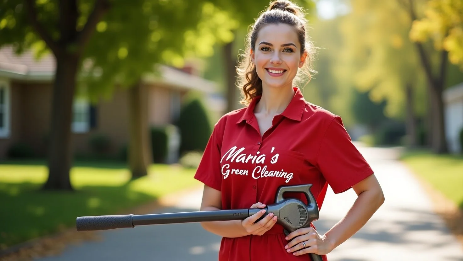 Professional leaf blower being used to clear autumn leaves from a long driveway