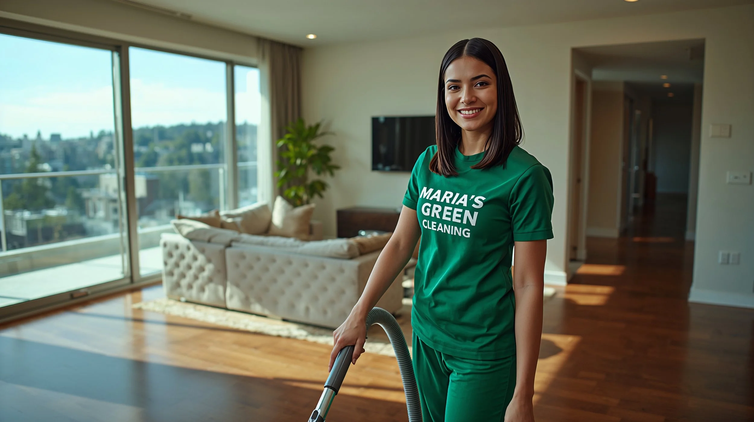 Professional cleaner vacuuming hardwood floors in a luxury Aurora Seattle townhouse