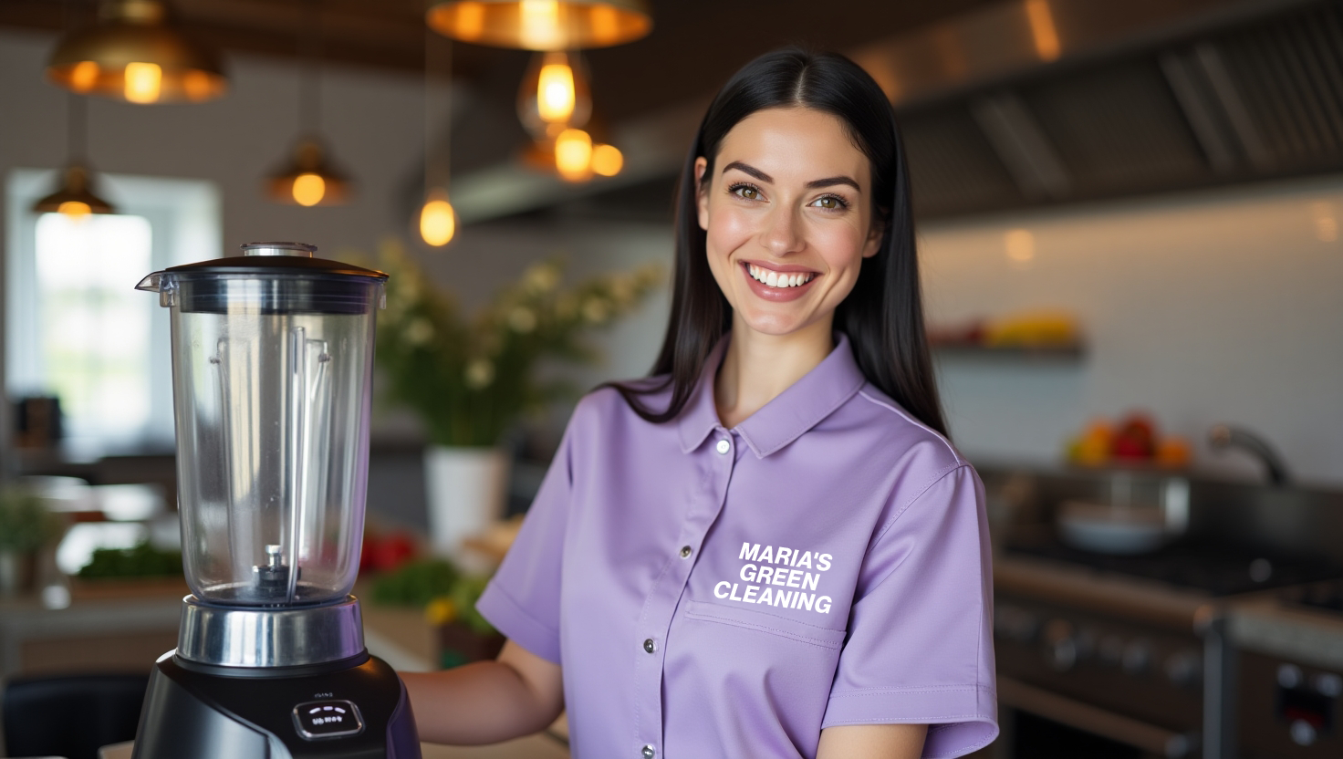 An eco-friendly cleaning specialist uses vinegar to clean a blender.