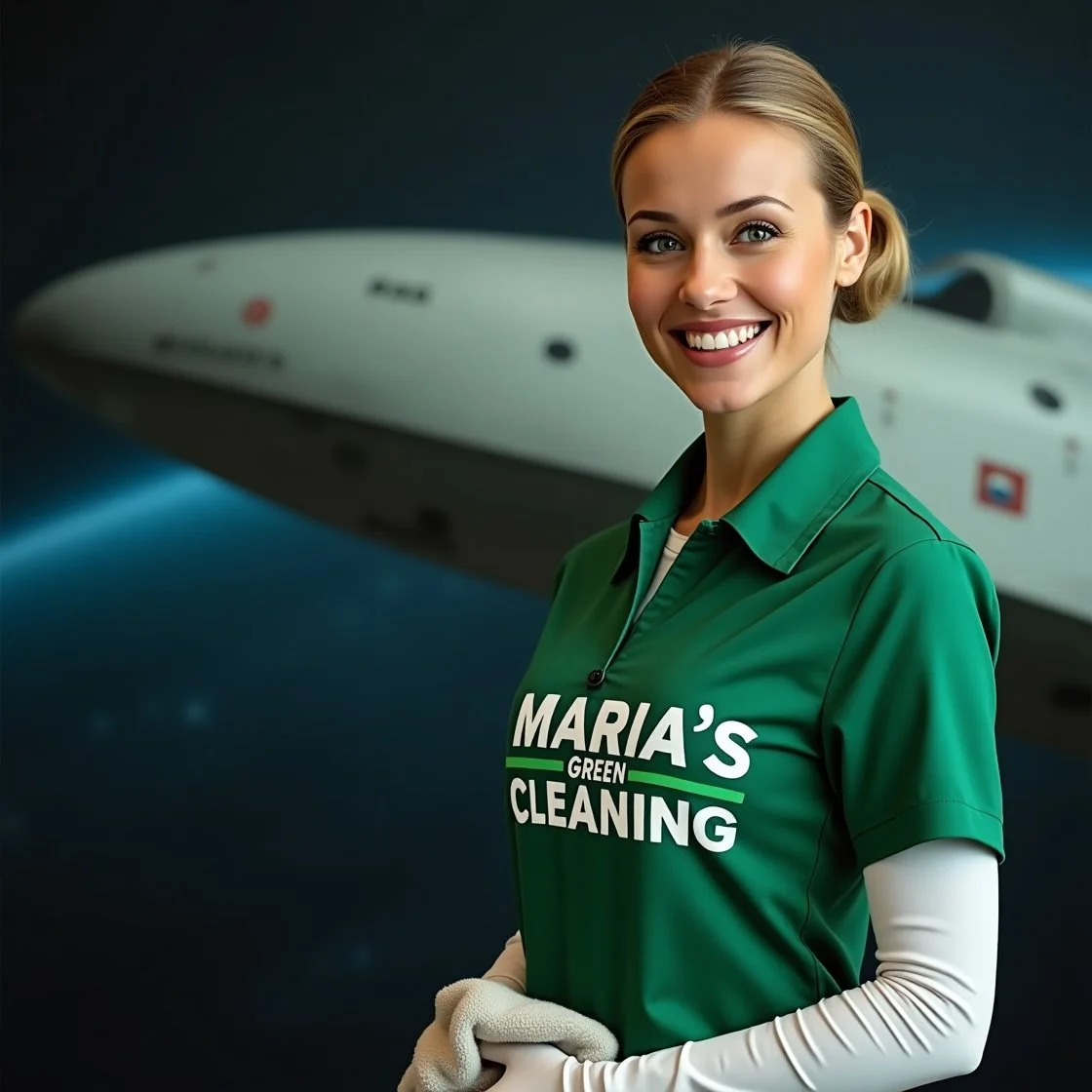 Friendly woman wearing a green cleaning shirt, holding a cloth with a smile, standing near a spacecraft..