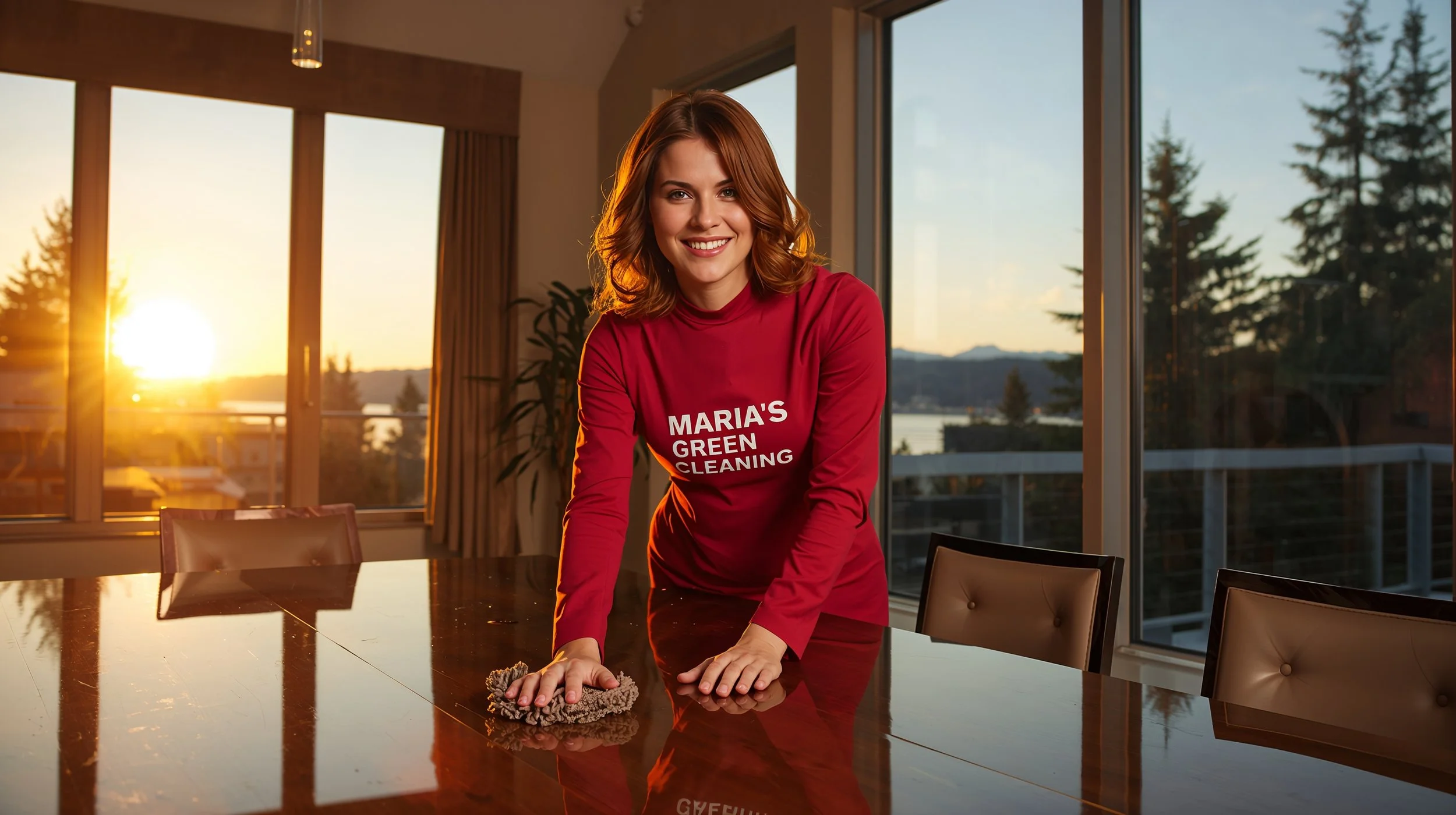 Young professional cleaner wiping a polished dining table in an upscale Alki Seattle home.