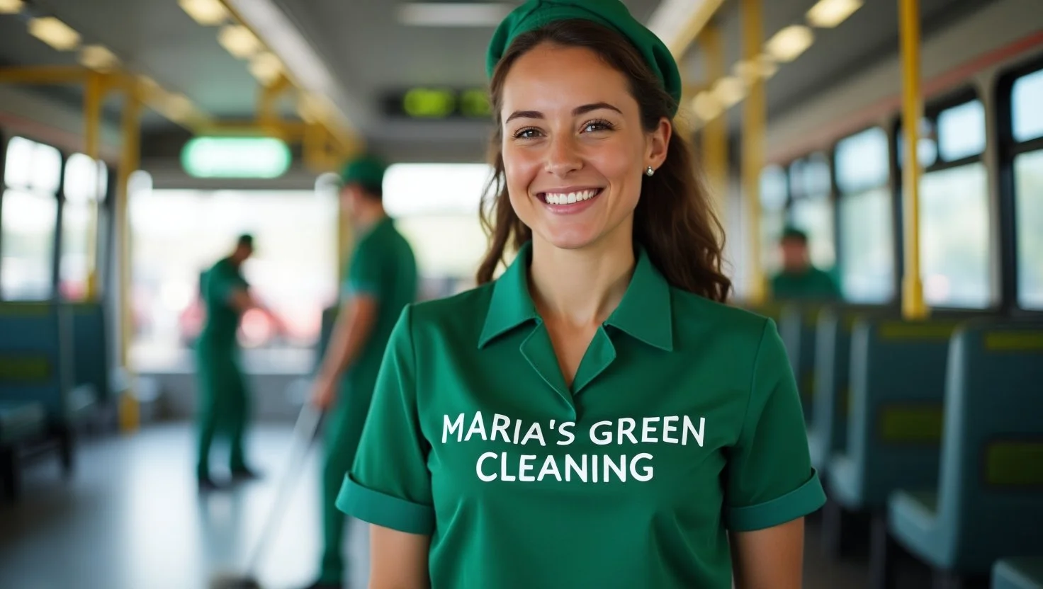 Lady maid cleaning a bus with a mop while smiling at camera.