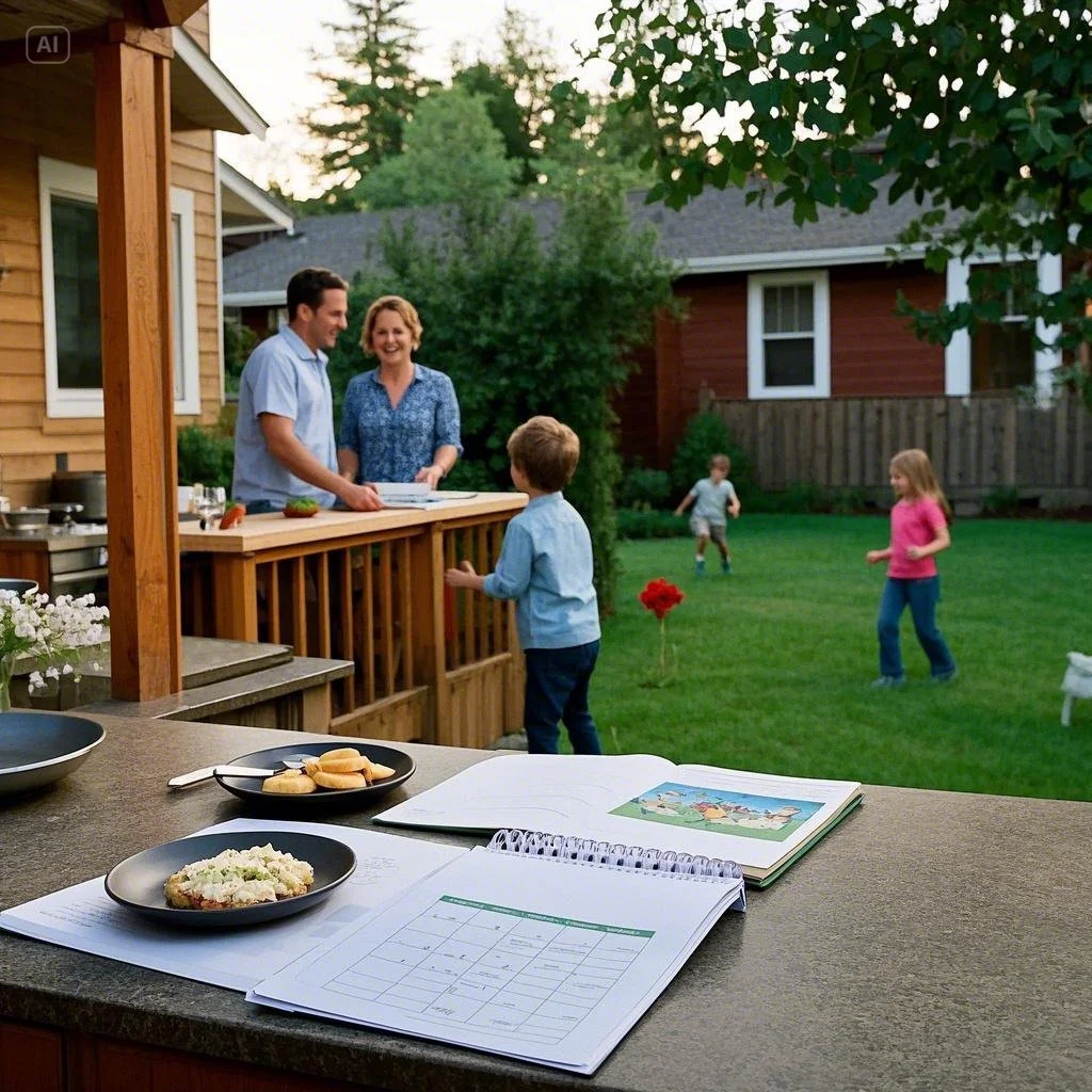 A cheerful family enjoying time together outdoors in their suburban home near Seattle.
