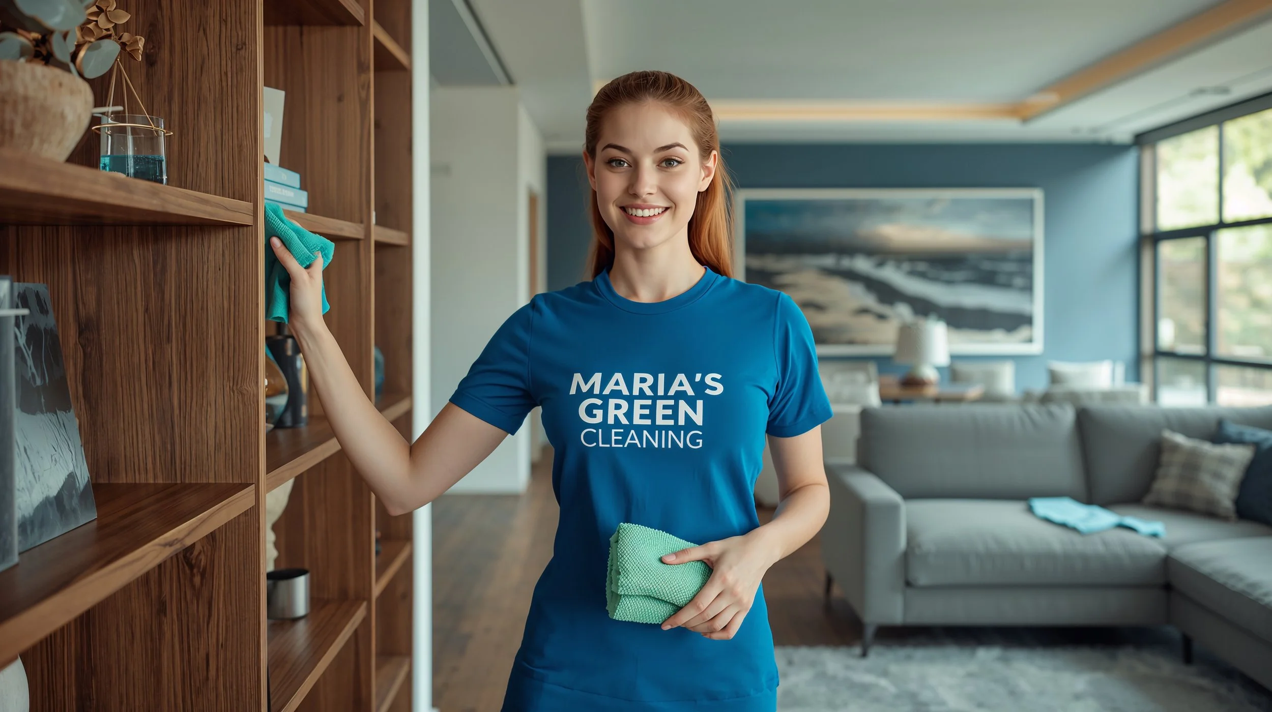 House cleaner finishing dusting shelves in elegant Alki Point Seattle living room