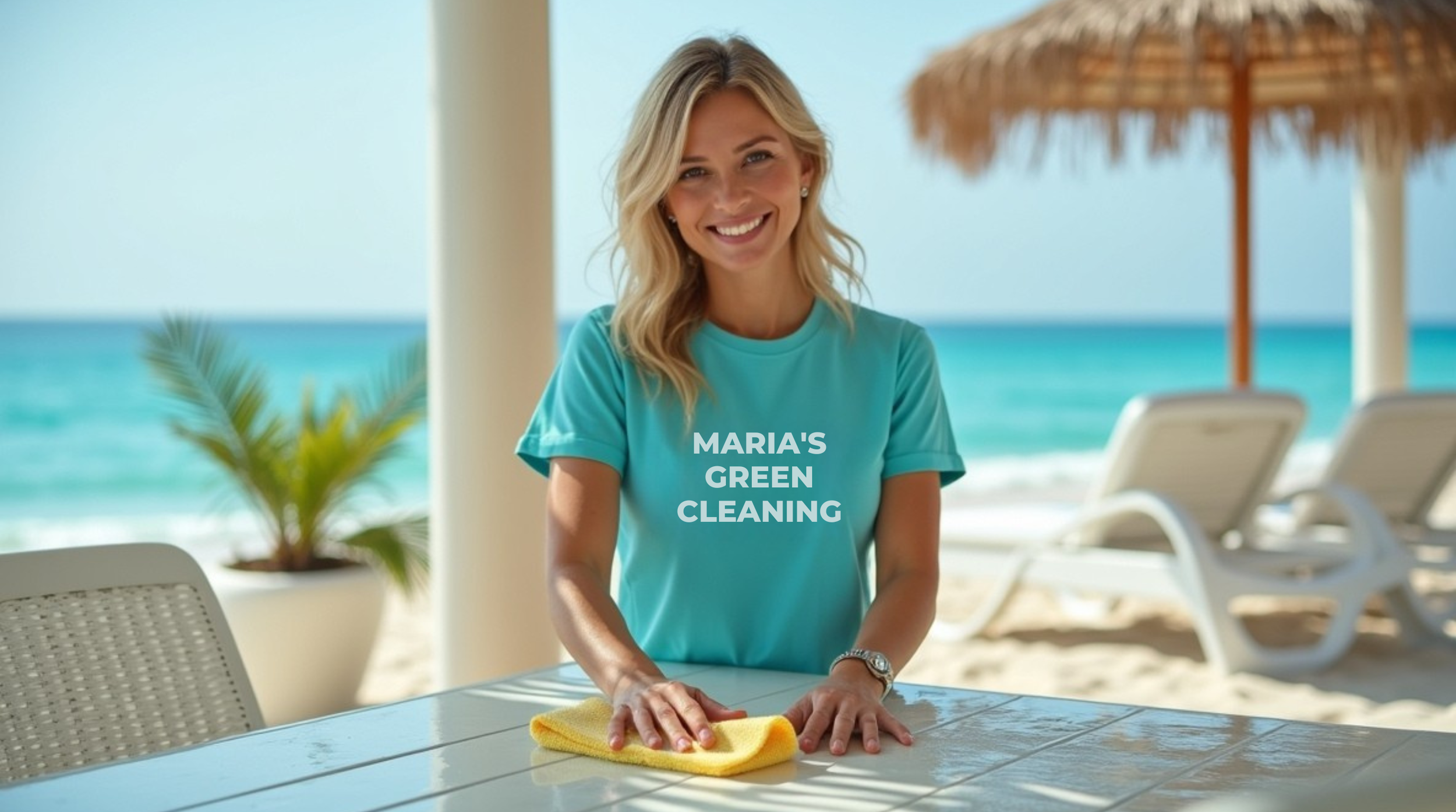 Janitor Washing a Patio Table With a Sponge