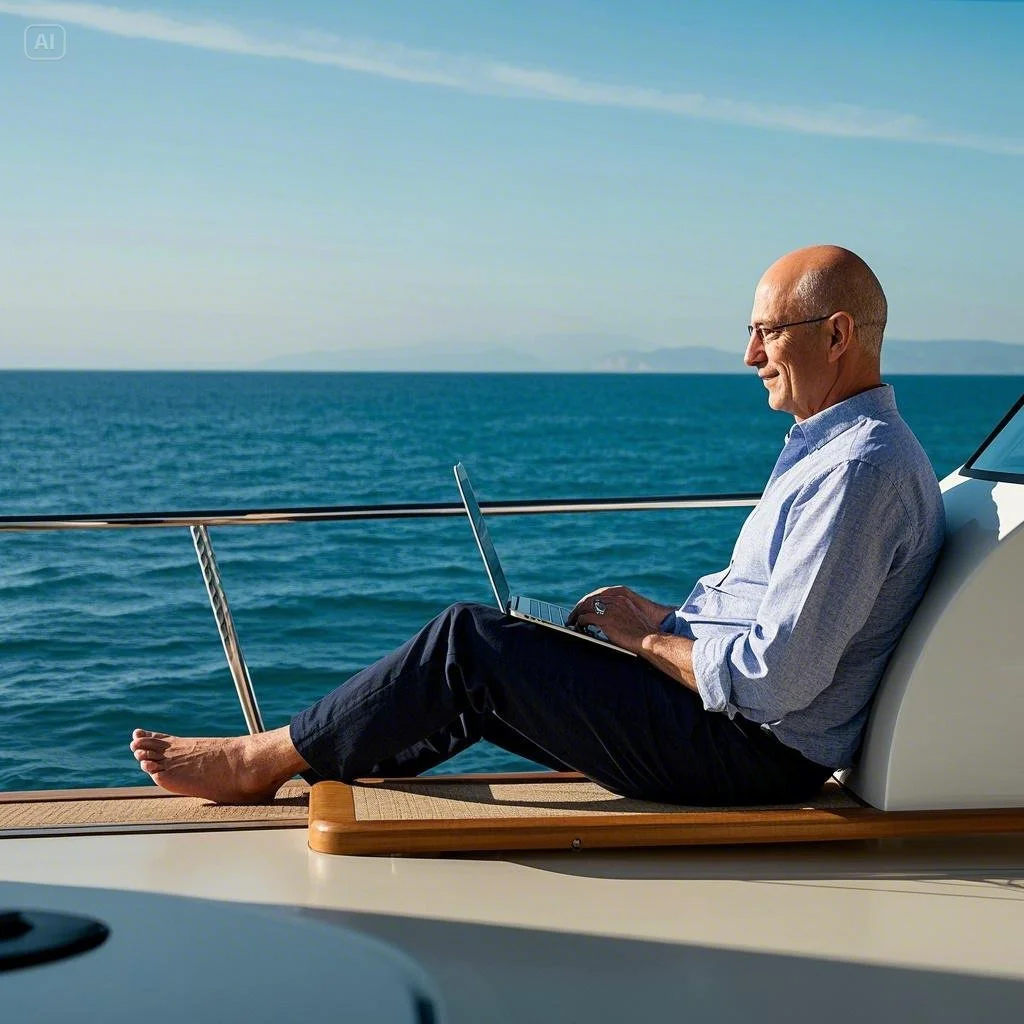 Jeff Bezos relaxing on a luxurious superyacht, working on his laptop while enjoying the open ocean view.