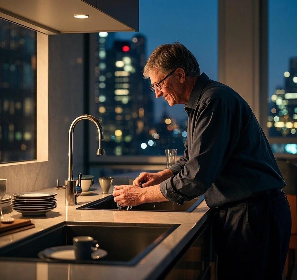 A billionaire Bill Gates casually washing dishes in a modern high-end kitchen, with a city skyline in the background.