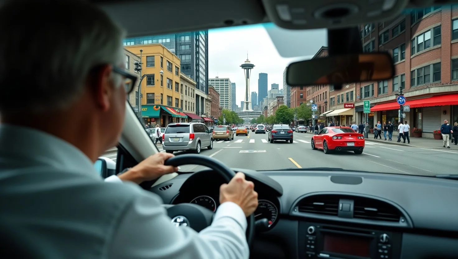 A Car Turning At A Downtown Seattle Intersection With Pedestrians Crossing