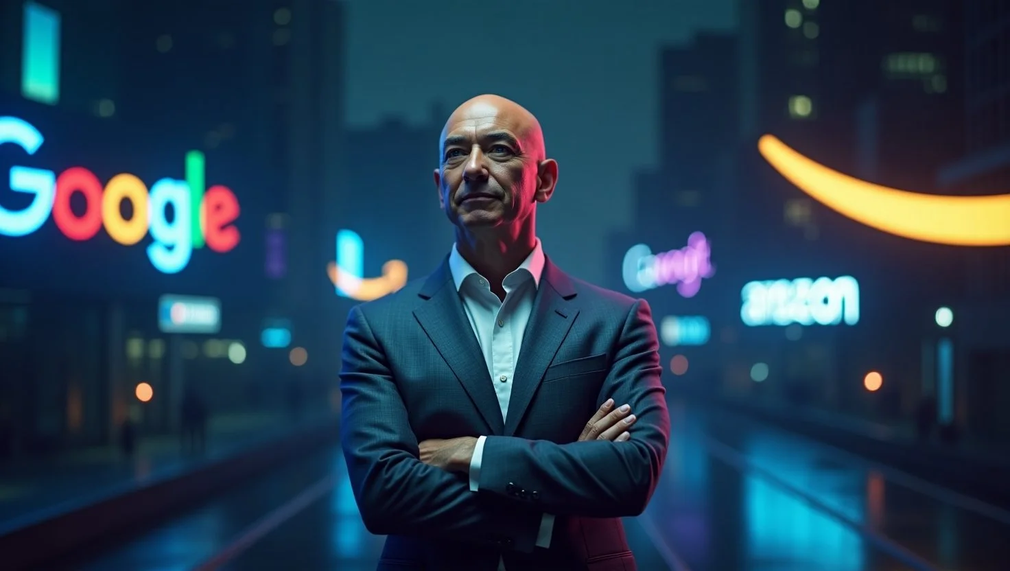 A futuristic digital scene with Jeff Bezos surrounded by floating tech company logos, including Google and Amazon