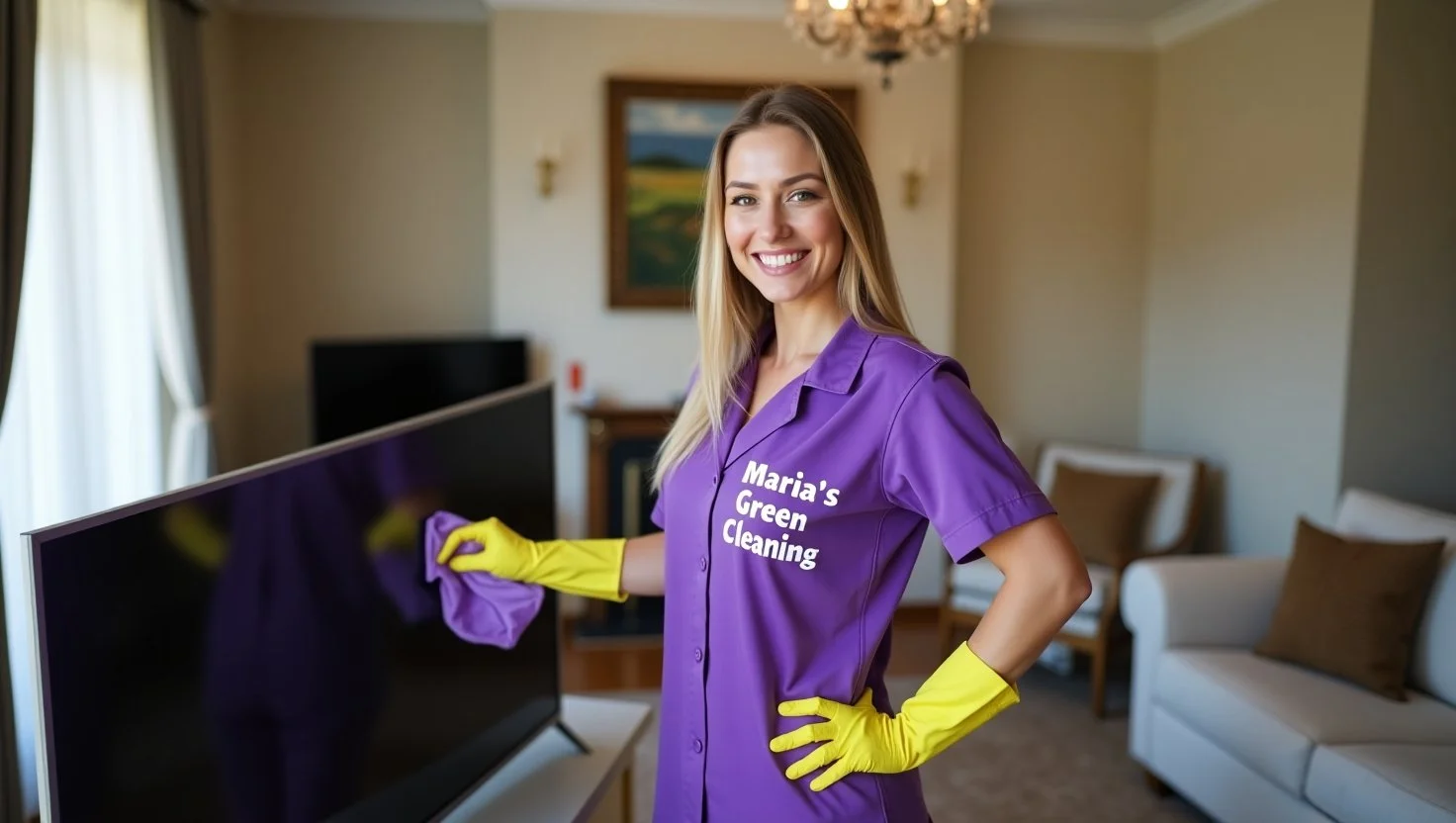 Home Cleaning Professional Disinfecting a TV Stand With Natural Wipes