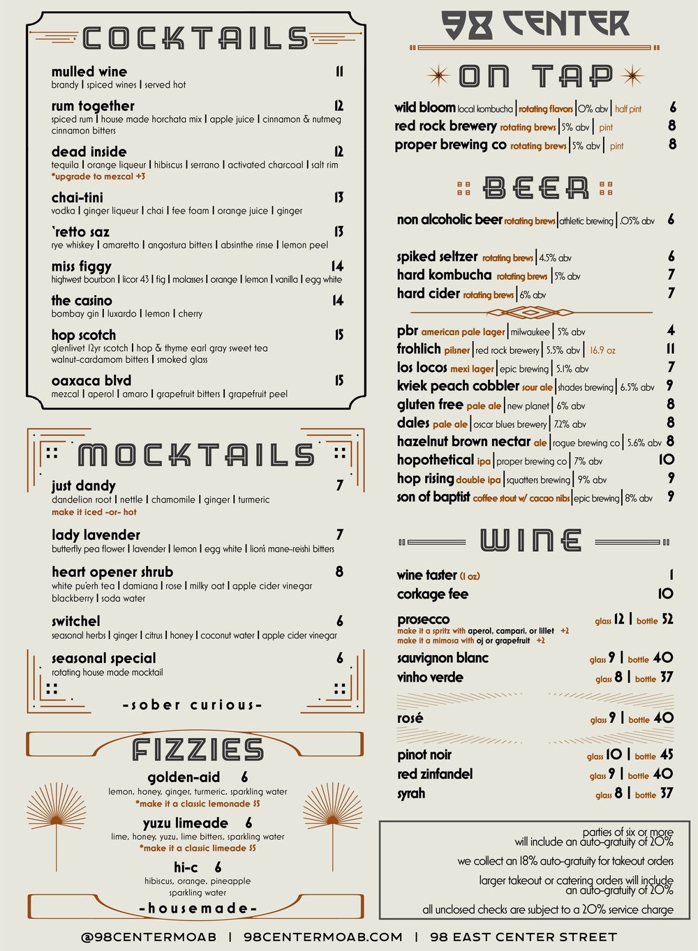 Lunch & Dinner Menu — 98 CENTER MOAB Restaurant