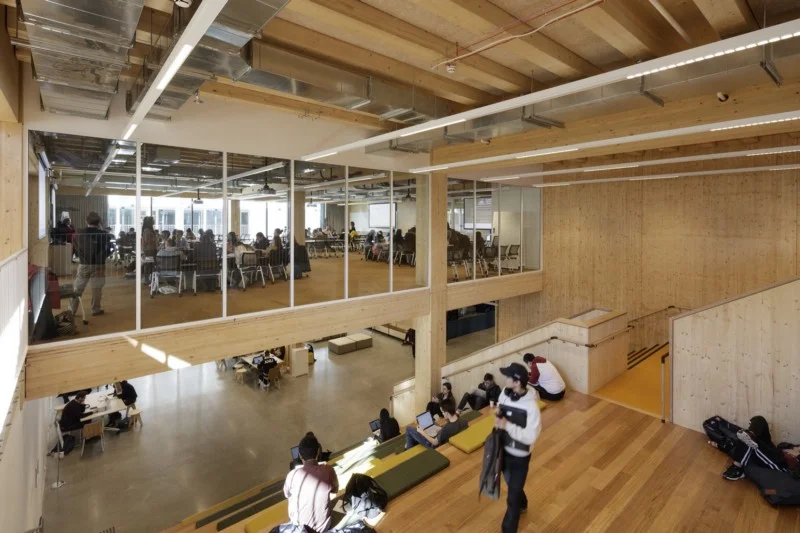 Australian National University, Canberra; Collaborative Learning Environment. A purpose built, all timber six storey building, designed with flexible large flat floor spaces for blended learning and informal study spaces. Designed by BVN. Photo, John Gollings