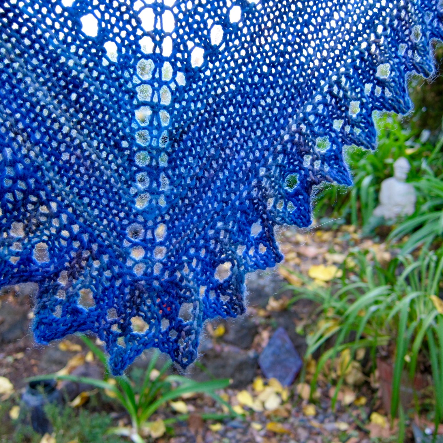 Detail of a knitted wool shawl .
