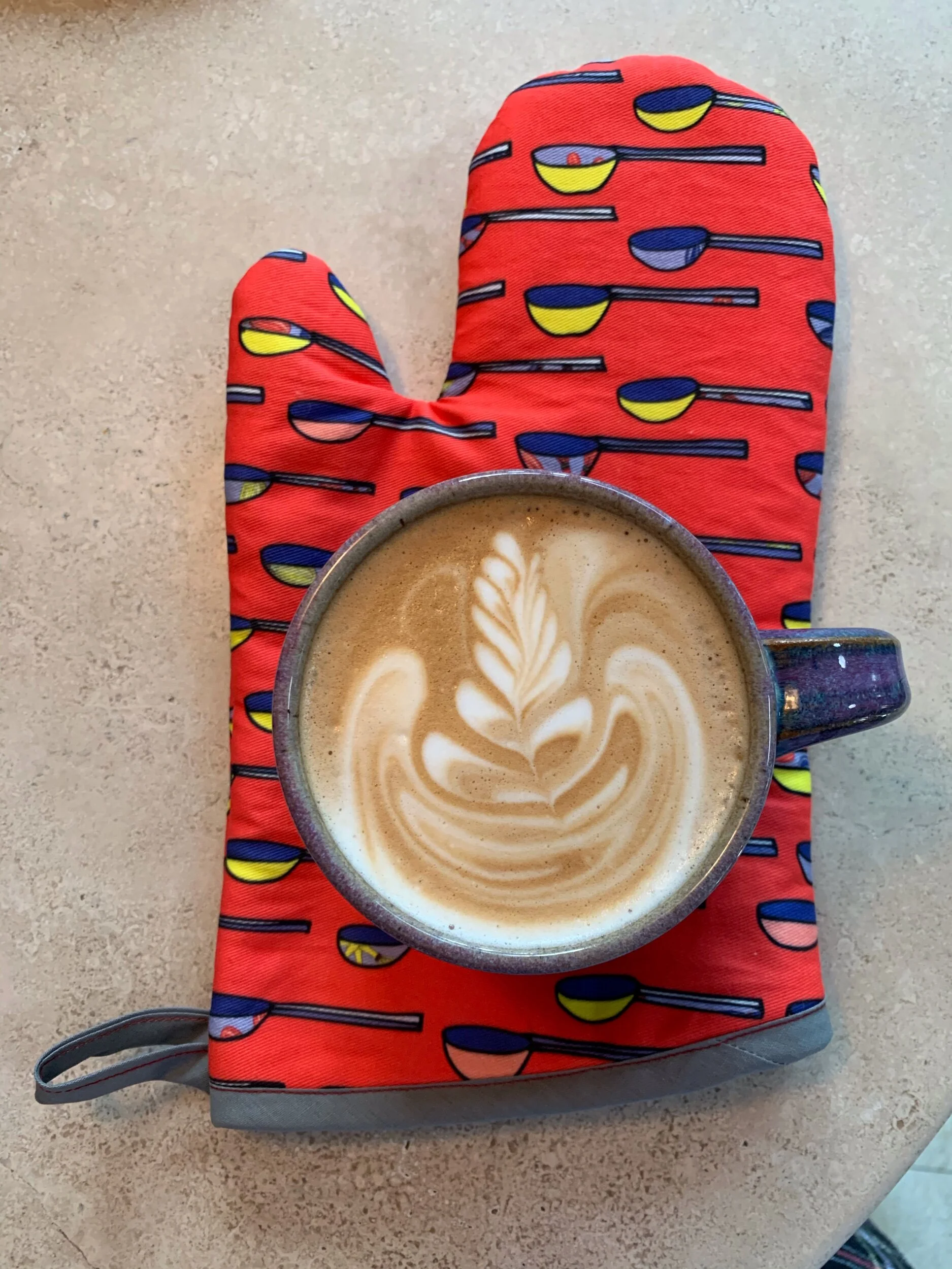  An oven mitt I made from my “ Do You Measure Up?” design that is from my Whiskey for Breakfast Collection . With my morning coffee. : ) 