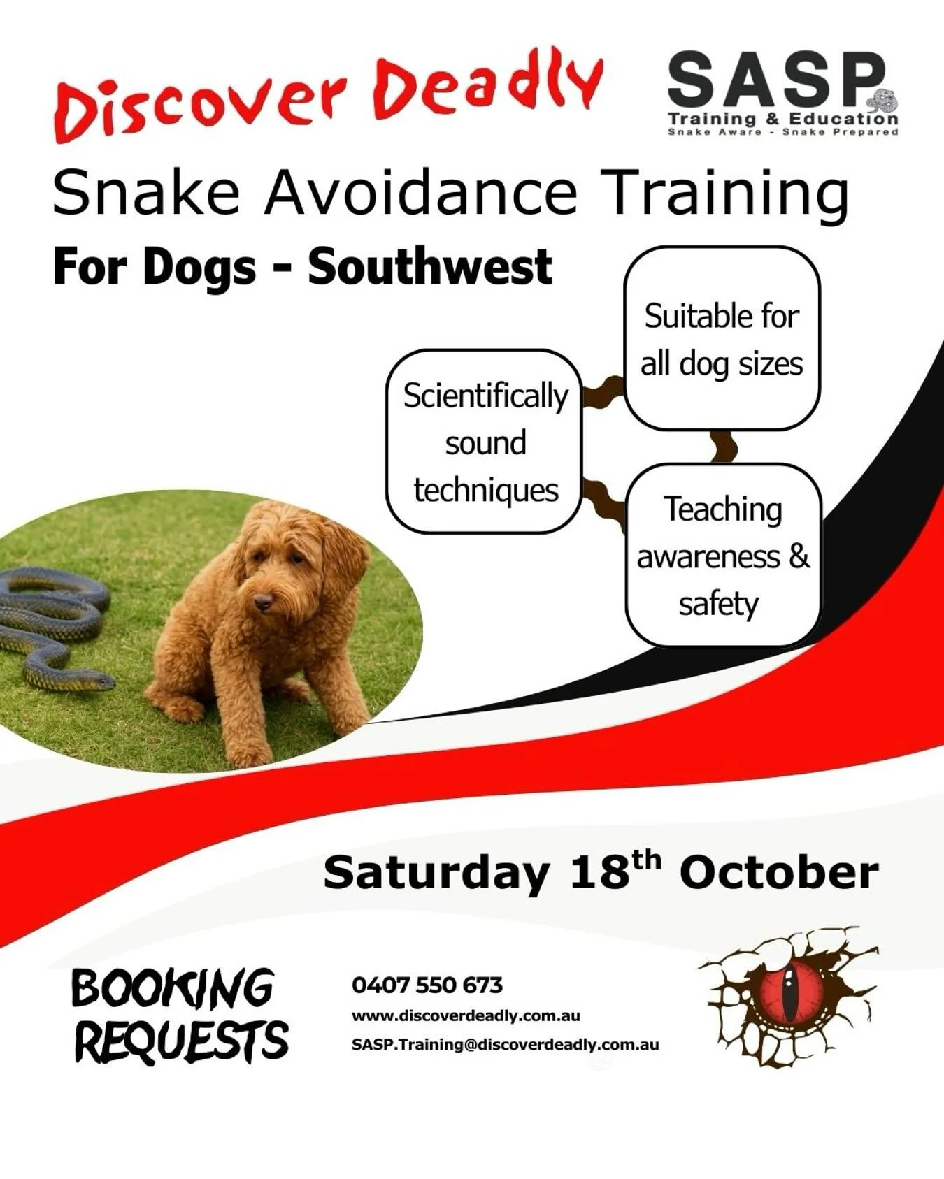 You Asked - We Listened! 
We are thrilled to offer a Snake Avoidance Training for Dogs Southwest course. 
This is a two session commitment from you to teach your dog not to engage with snakes. Our first session will be Saturday October 18th. 
We have