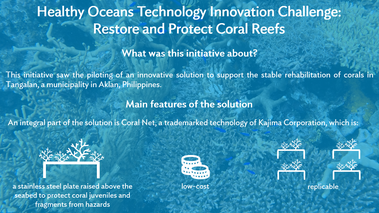 Infographic summarizing an ADB Digital Innovation Sandbox initiative that piloted an innovative solution to support the stable rehabilitation of corals in Aklan, Philippines