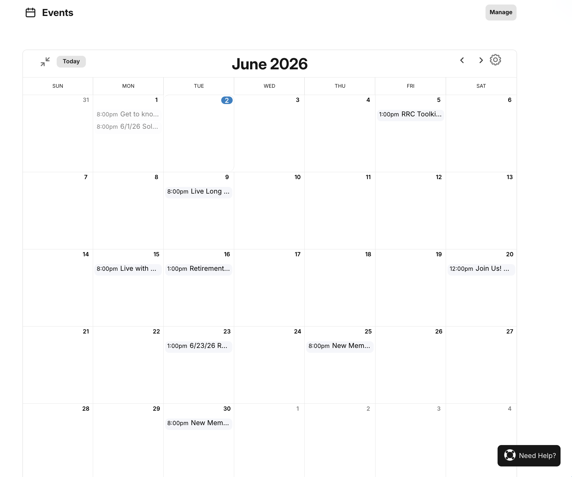 Screenshot of a calendar interface showing events scheduled for June 2026. Events include 'Get to know,' 'RRC Toolkit,' 'Live Long,' 'Retirement,' 'Join Us,' and 'New Mem,' with various times listed. The calendar is in month view with navigation and settings icons visible.