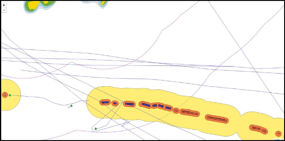 Les tracés du système indiquent la position des navires, leurs mouvements et la zone de protection.