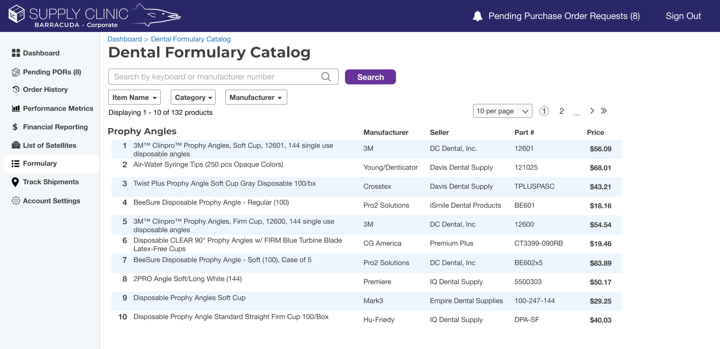 The Corporate user’s view of the Formulary. The MVP allows the Corporate office to view their Formulary, and future features will allow them to manually add and subtract items from the list, as well as seamless integrations via CSV files and SFTP.