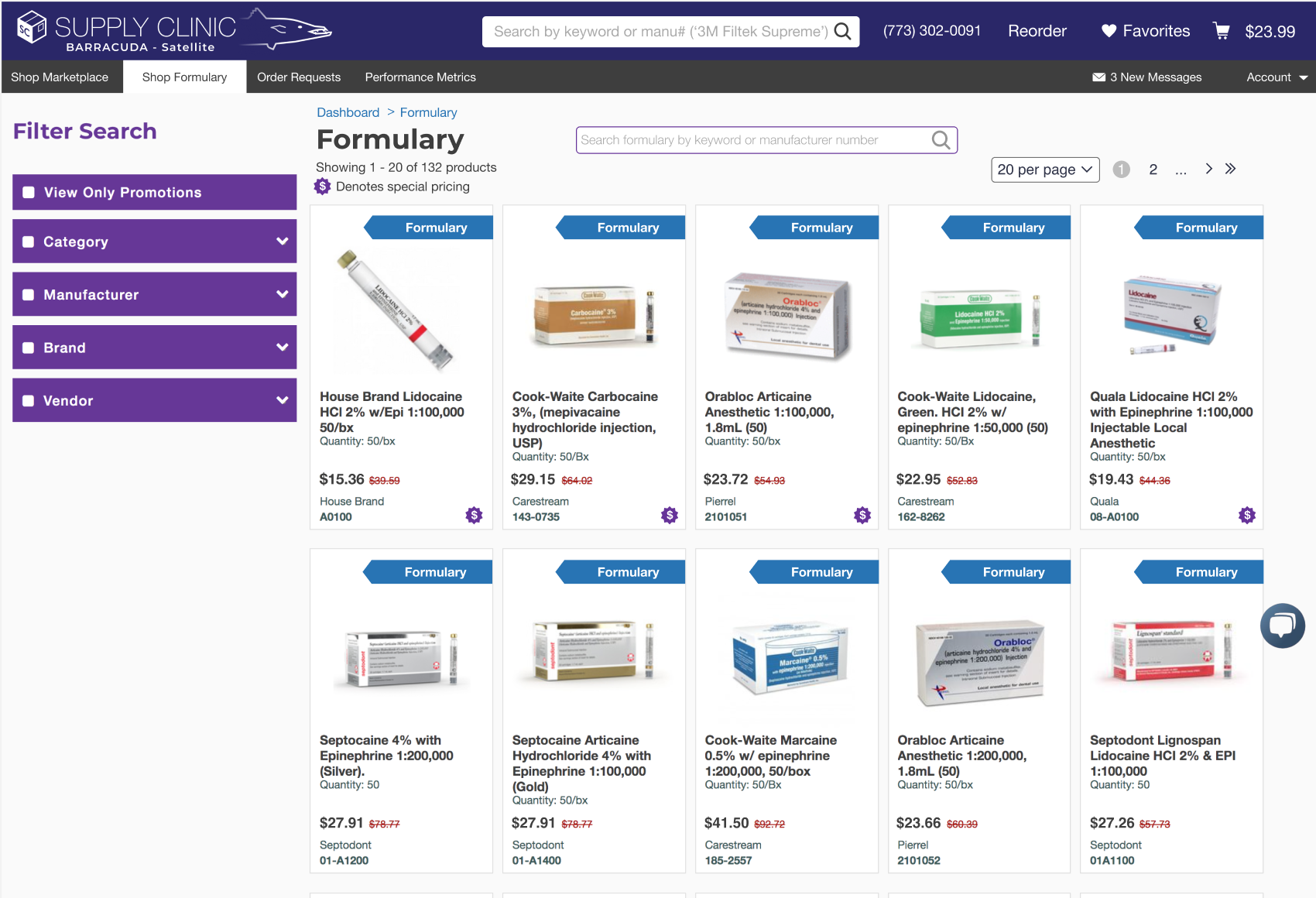 This is the Satellite user’s view of the Formulary, which includes some items with negotiated pricing agreements. This is a subset of the full marketplace, where Satellites are able to compare prices from hundreds of sellers.