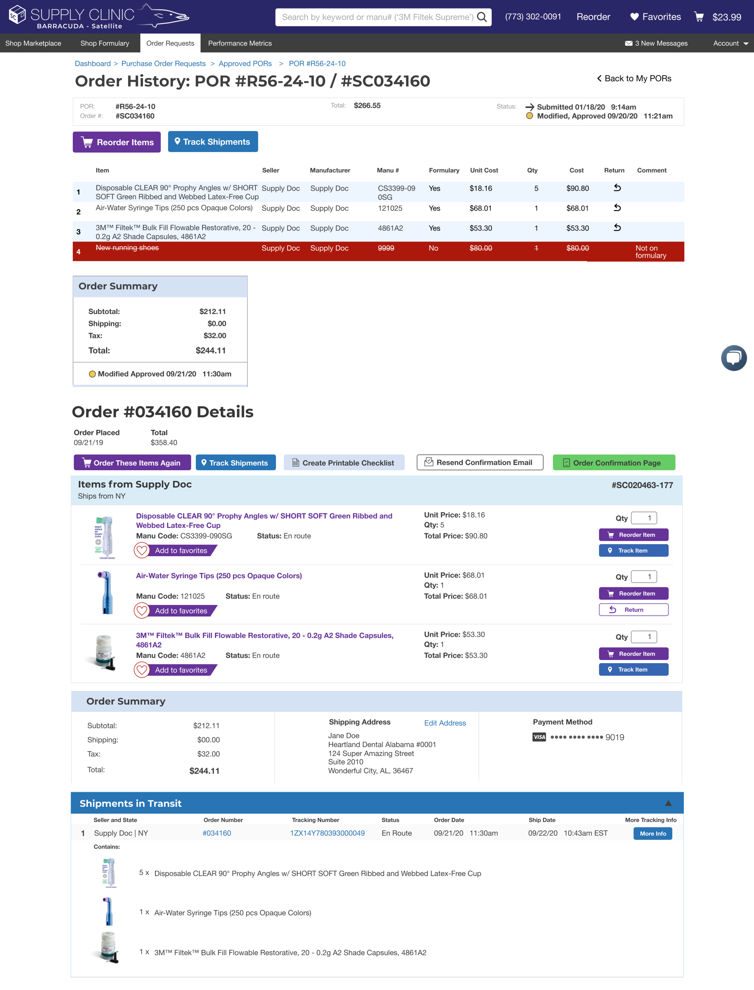 The Satellite user’s order history page allows the user to see the status and details of their order and tracking information. They’re also able to easily reorder items and add them to their “favorites list”.