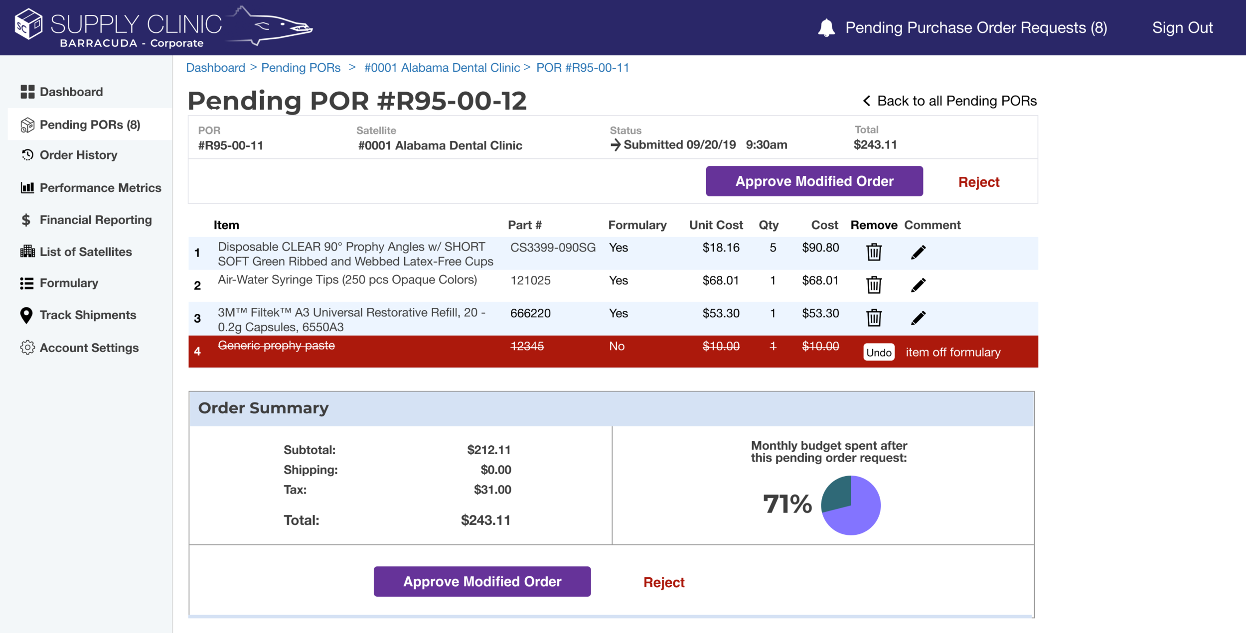 The Corporate user’s Pending Purchase Order Request page, showing a deleted line item with a comment.