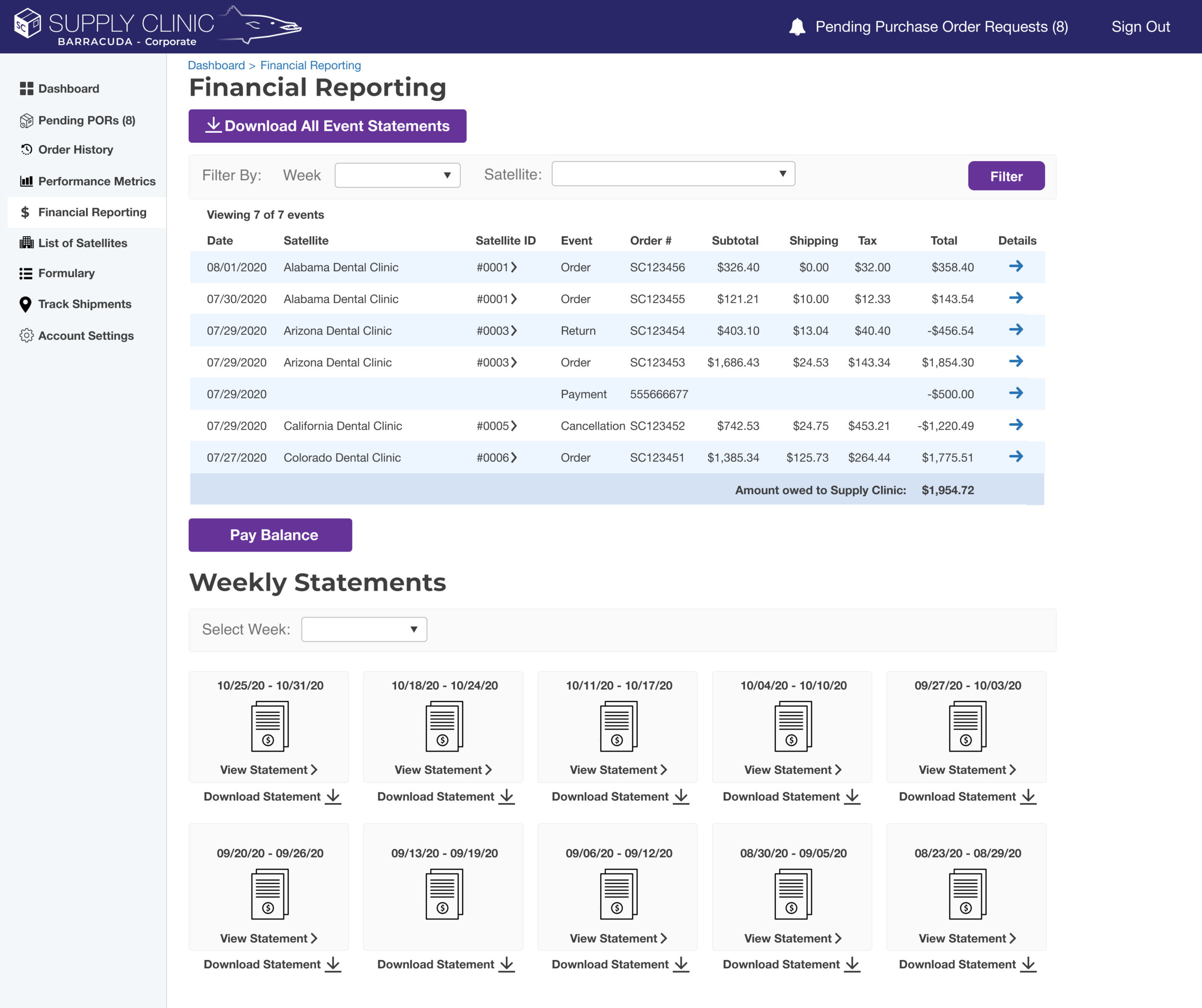 The Corporate user’s financial reporting page, showing Event Statements and Weekly Statements, with links going into details of each statement and invoice.