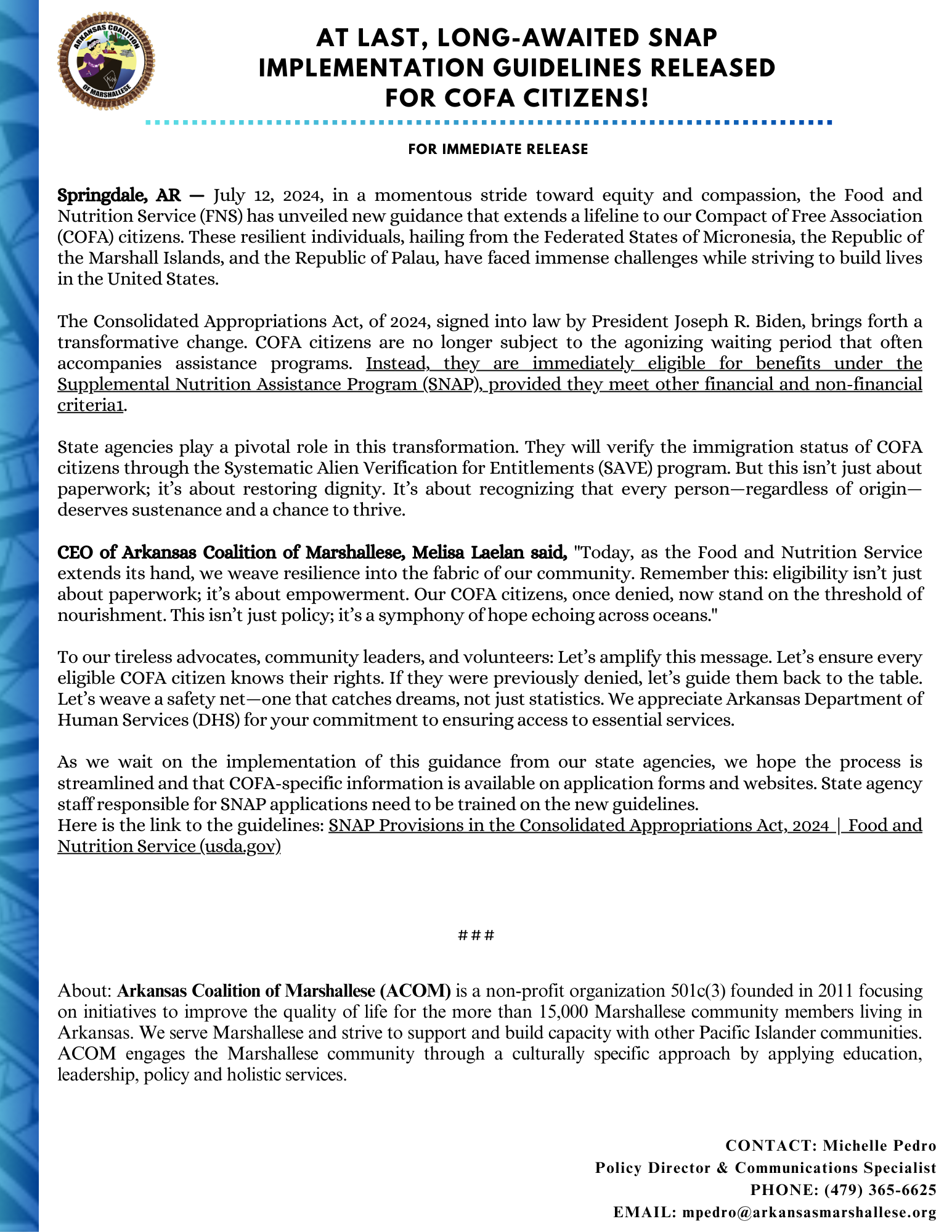 FNS Issues Guidelines for COFA!