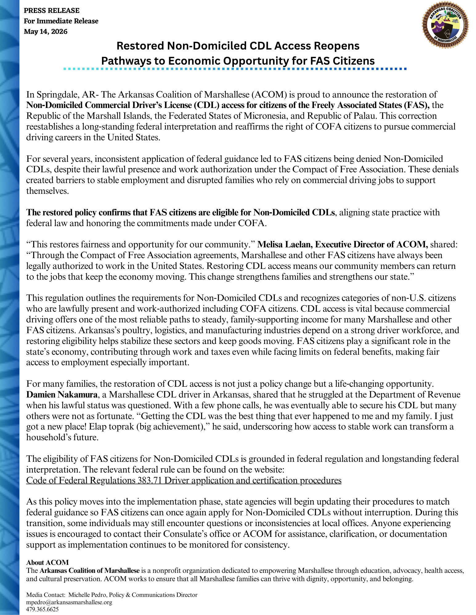 Restored Non‑Domiciled CDL Access Reopens Pathways to Economic Opportunity for FAS Citizens