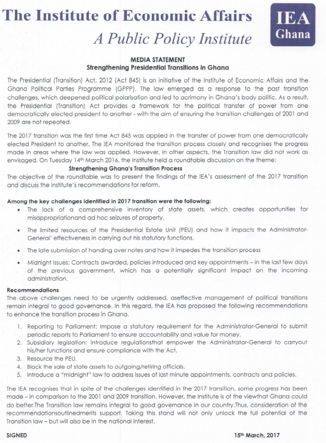 Institute of Economic Affairs: Media Statement: Strengthening Presidential Transitions in Ghana