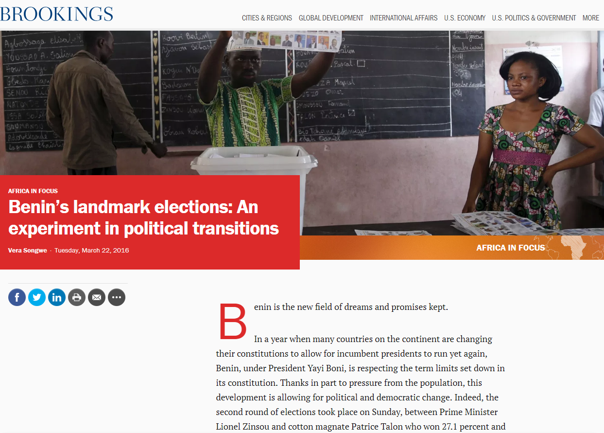 The Brookings Institute: Benin’s Landmark Elections: An Experiment in Political Transitions
