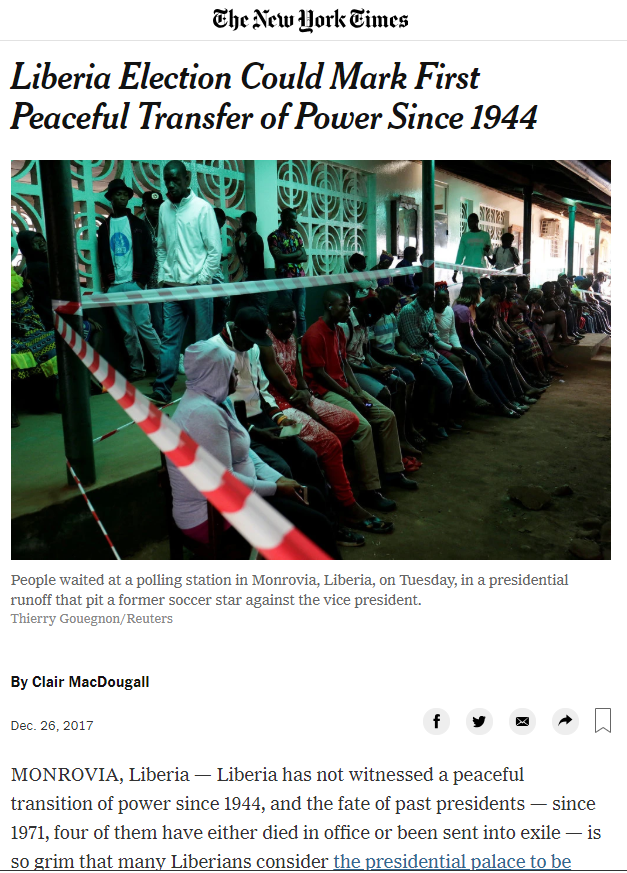 The New York Times: Liberia Election Could Mark First Peaceful Transfer of Power Since 1944