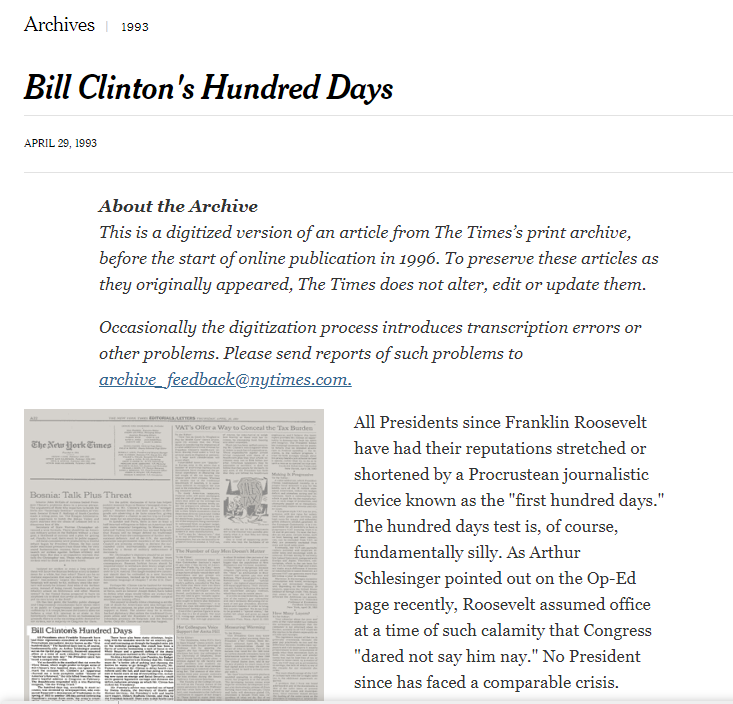 The New York Times: Bill Clinton's Hundred Days