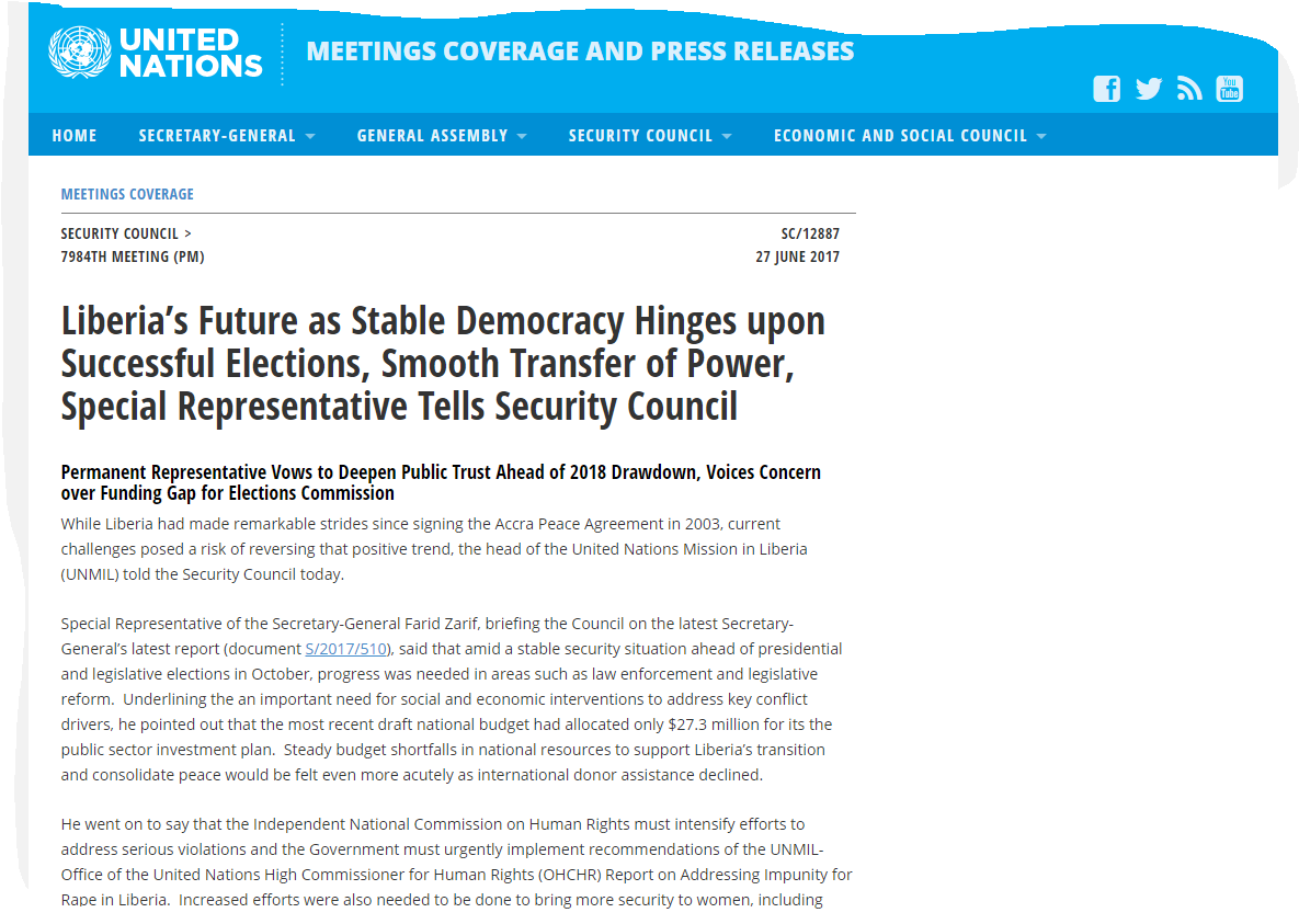 United Nations: Liberia’s Future as Stable Democracy Hinges upon Successful Elections, Smooth Transfer of Power, Special Representative Tells Security Council
