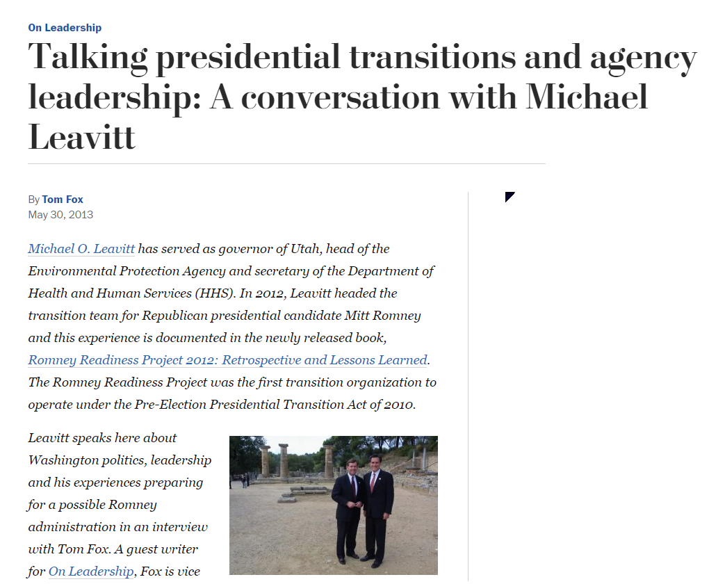 The Washington Post: Talking Presidential Transitions and Agency Leadership: A Conversation with Michael Leavitt