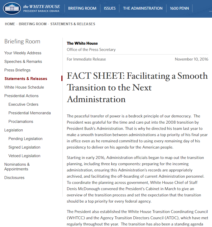 FACT SHEET: Facilitating a Smooth Transition to the Next Administration