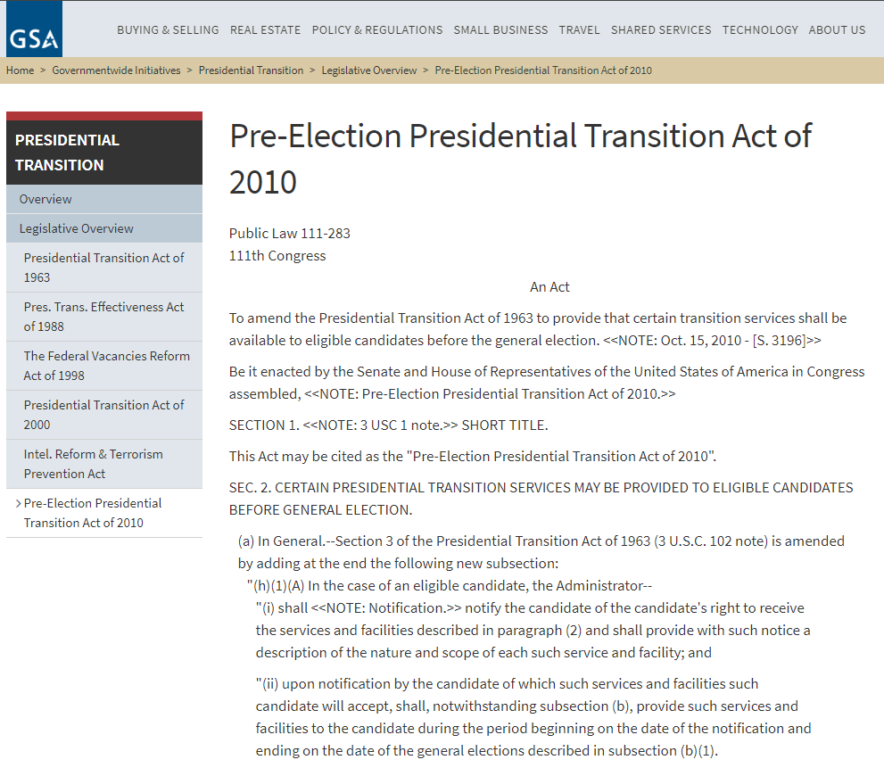 U.S. General Services Administration: Pre-Election Presidential Transition Act of 2010