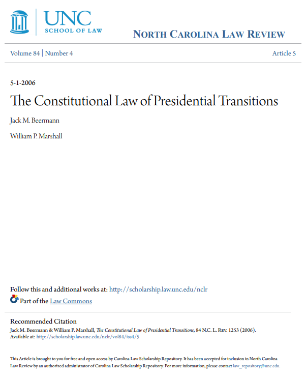 Beerman and Marchall: The Constitutional Law of Presidential Transitions