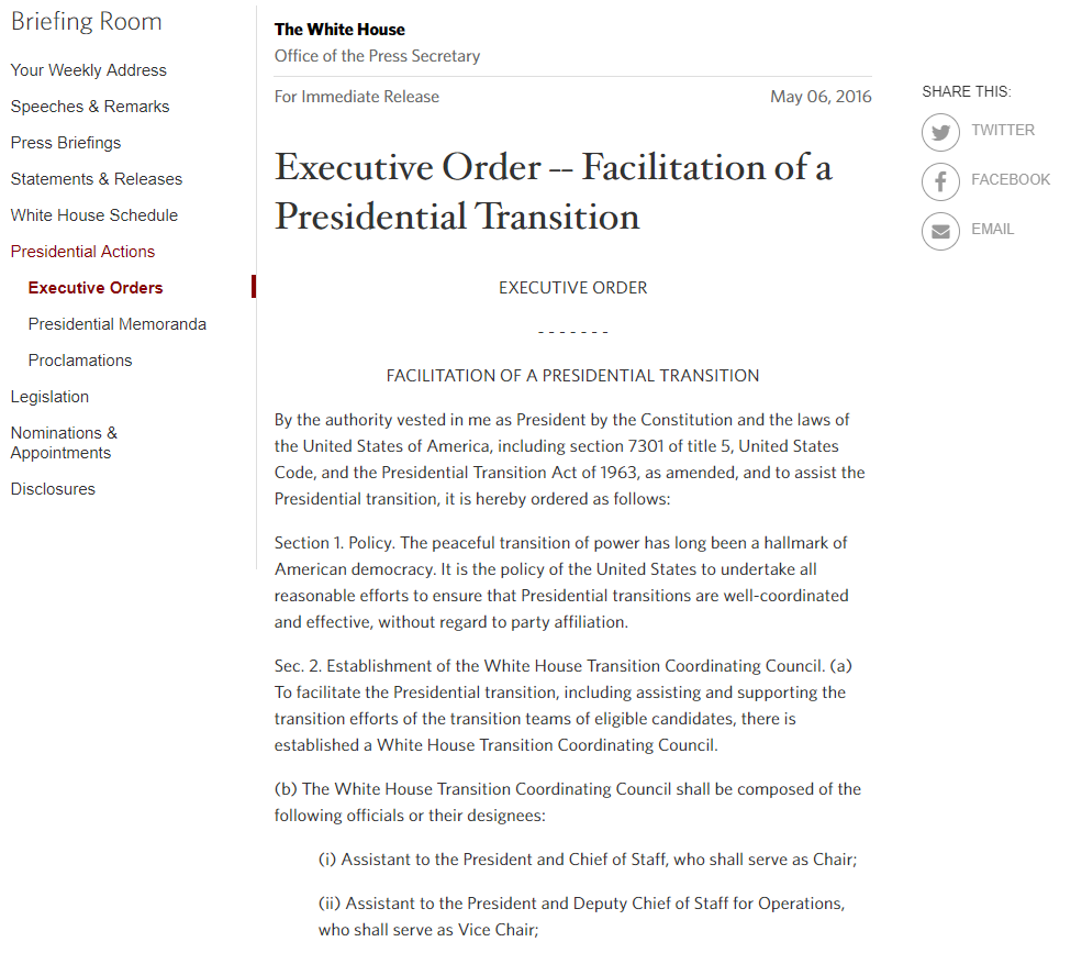 Executive Order -- Facilitation of a Presidential Transition