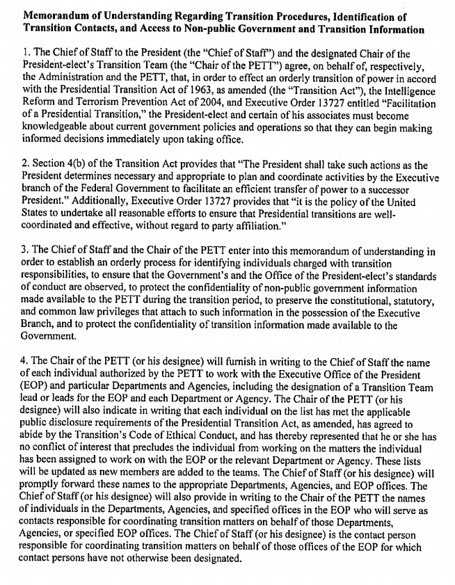 Memorandum of Understanding Regarding Transition Procedures, Identification of Transition contacts, and Access to Non-public Government and Transition Information