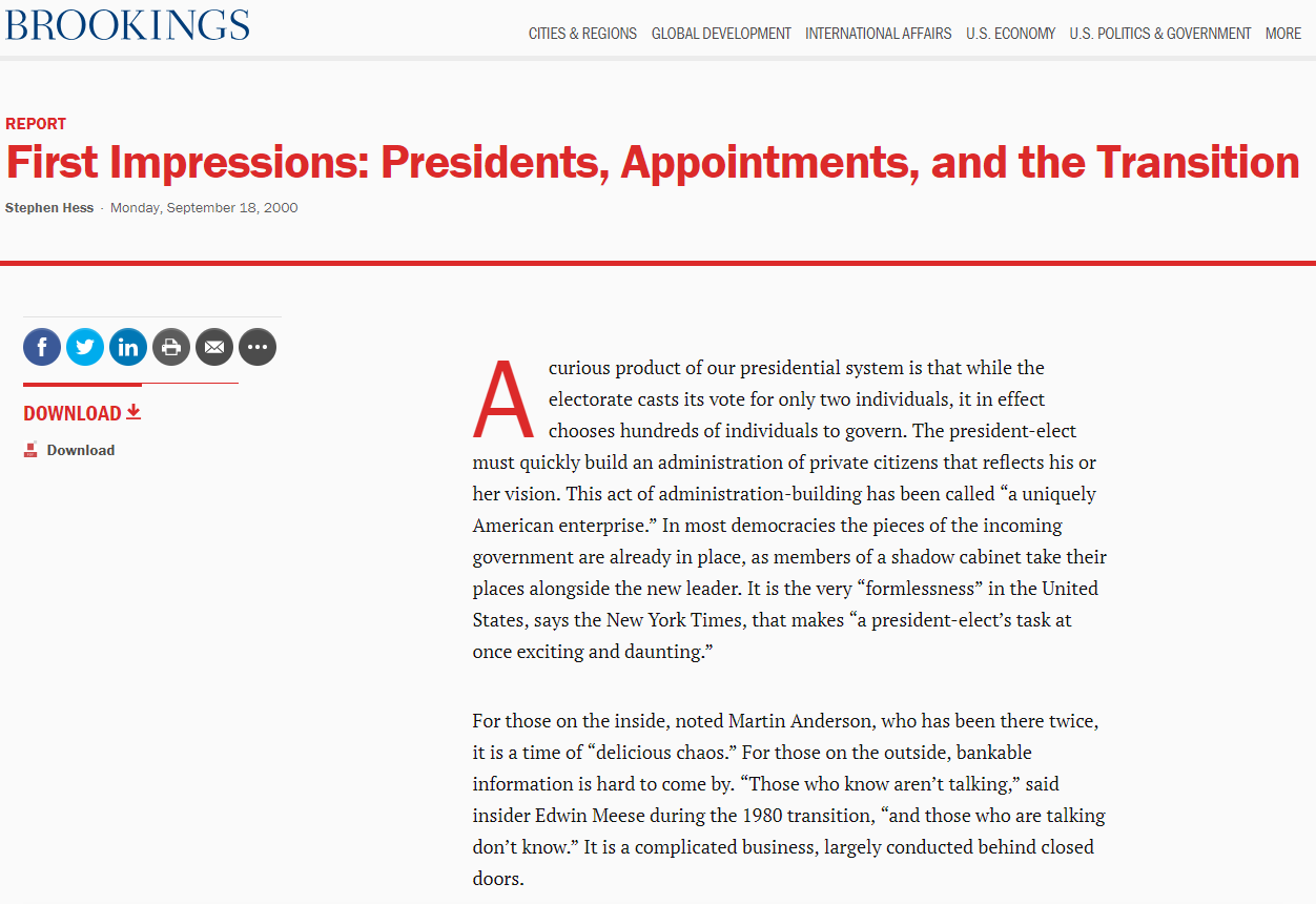 First Impressions: Presidents, Appointments, and the Transition