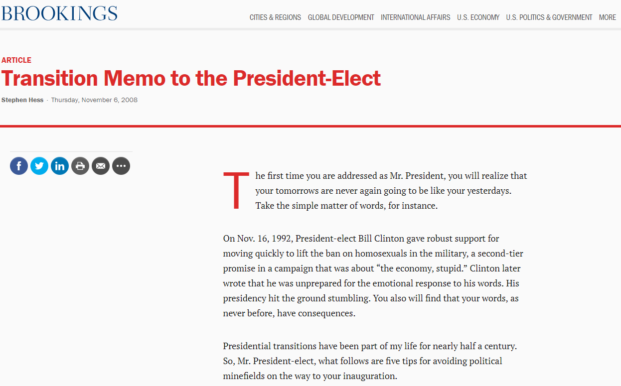 Transition Memo to the President-Elect