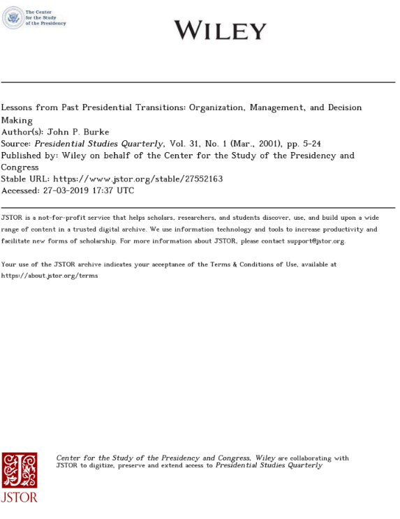 Lessons from Past Presidential Transitions: Organization, Management, and Decision Making