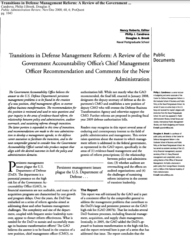 Transitions in Defense Management Reform: A Review of the Government Accountability Office's Chief Management Officer Recommendation and Comments for the New Administration