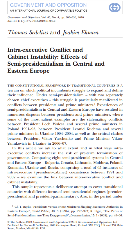 Intraexecutive Conflict and Cabinet Instability: Effects of Semipresidentialism in Central and Eastern Europe